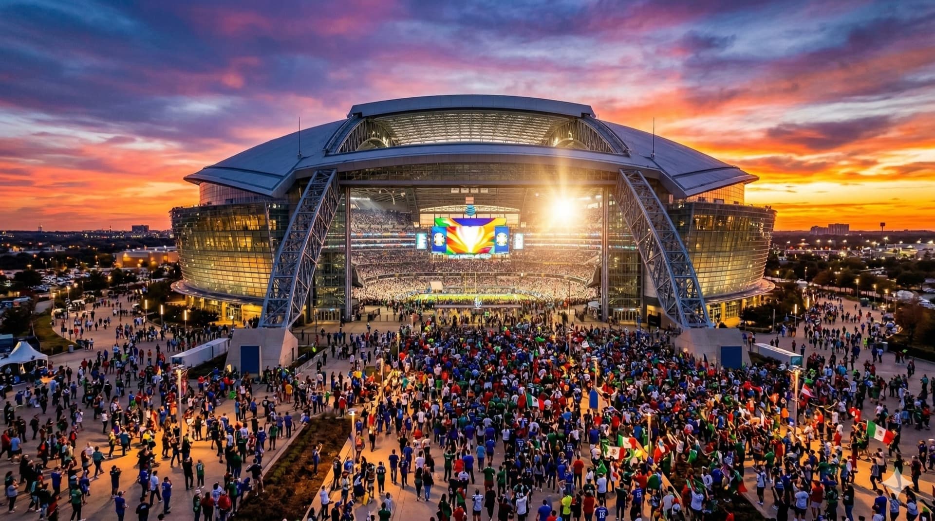 Vista cinematográfica del AT&T Stadium en Arlington, TX para la Copa del Mundo FIFA 2026