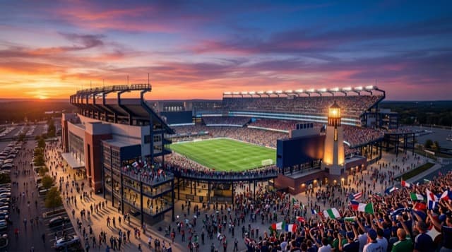 Vista cinematográfica del Gillette Stadium en Foxborough, MA para la Copa del Mundo FIFA 2026