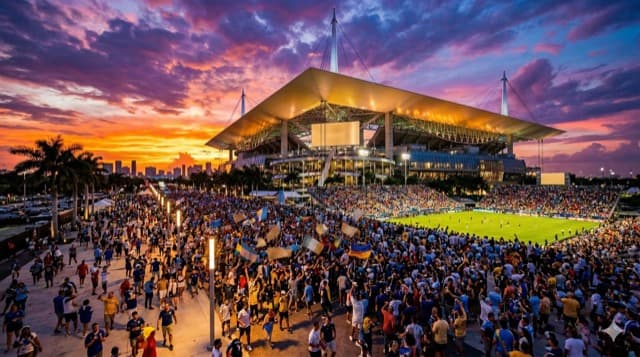Vista cinematográfica del Hard Rock Stadium en Miami Gardens, FL para la Copa del Mundo FIFA 2026
